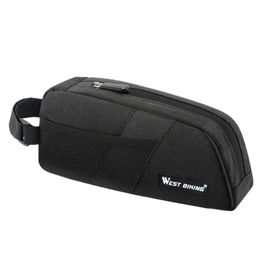 Black bike top tube bag with zipper and adjustable strap, West Biking logo.