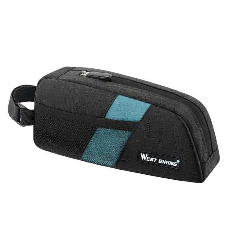 Black bike top tube bag with blue interior panel, zipper and adjustable strap.