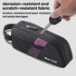 Black bike top tube bag with purple panel and adjustable strap, West Biking logo.