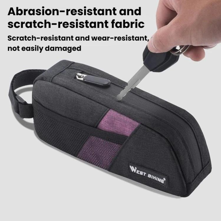 Black bike top tube bag with purple panel and adjustable strap, West Biking logo.