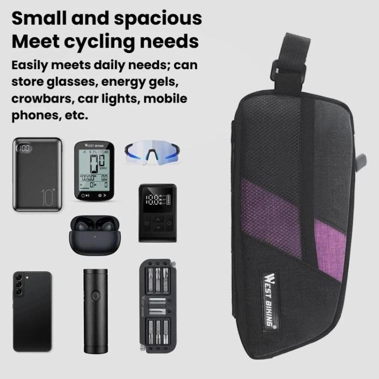 Black bike top tube bag with textured fabric and purple panel, front mounting strap.