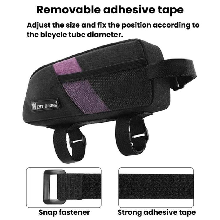 Black bike top tube bag with adjustable adhesive tape mounts and snap fasteners.