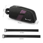 Black bike top tube bag with purple panels, zip closure, and adjustable strap