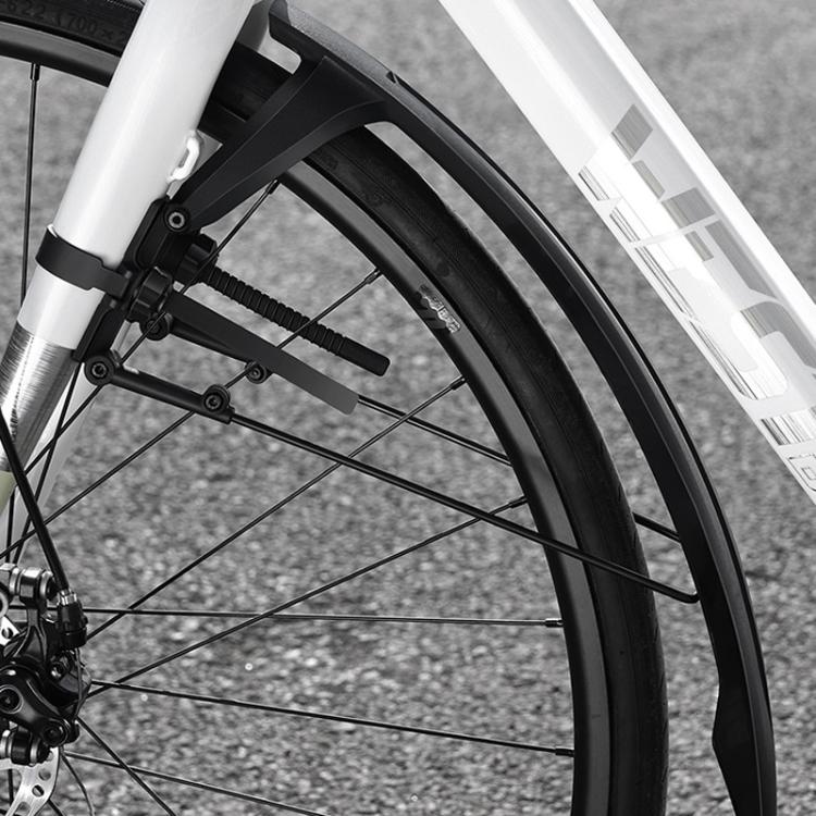 Black front bike fender mounted over the front wheel