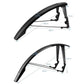 Black extended front and rear bike fenders with mounting hardware, shown with size diagrams