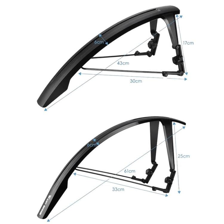 Black extended front and rear bike fenders with mounting hardware, shown with size diagrams