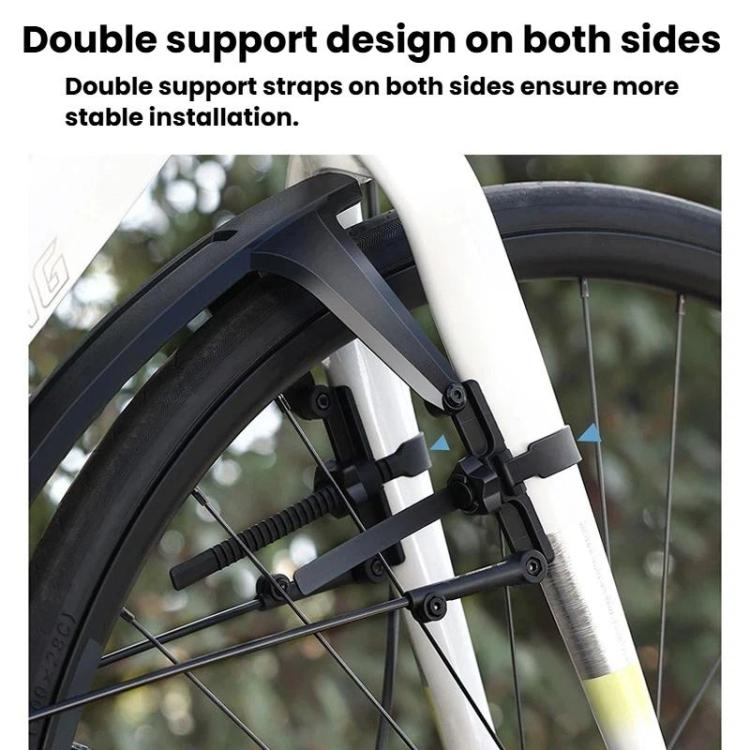 Black rear mudguard mounted with straps and brackets on bike frame