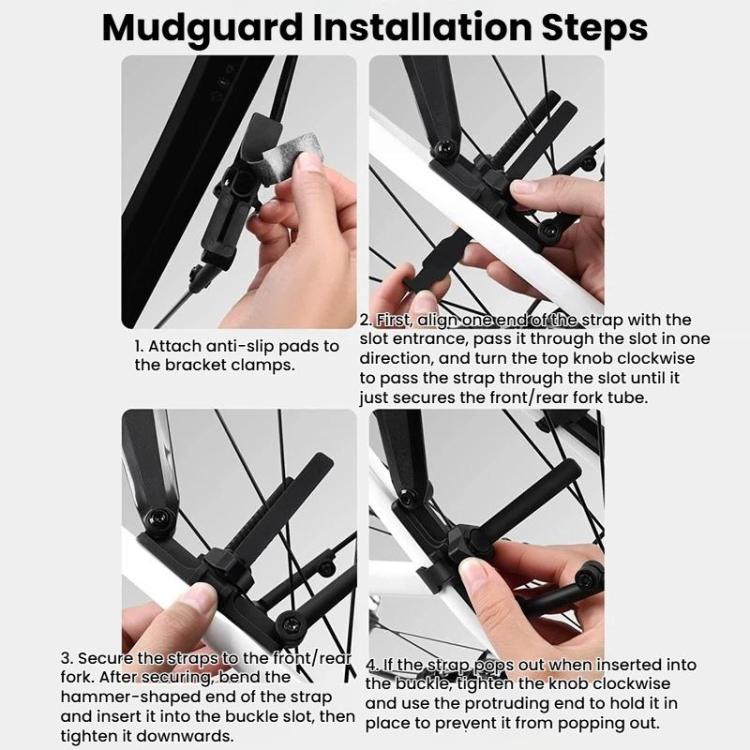 Bike fender installation steps showing mounting and strap alignment