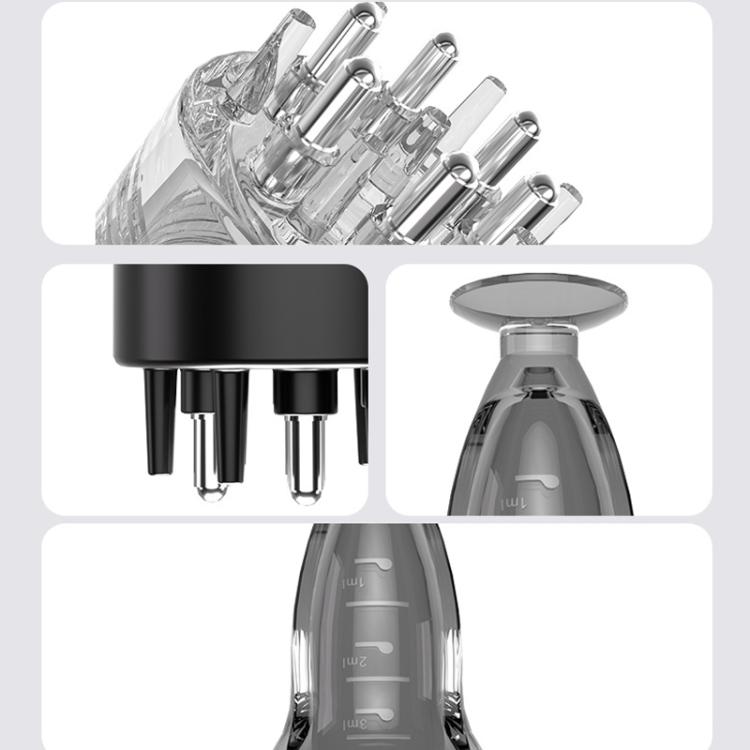 Scalp serum applicator with roller massage comb, clear bottle and black dispenser tips