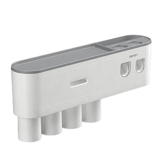 White toothbrush holder with multiple cups and dual toothpaste dispenser top section