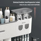 White bathroom toothbrush holder with dual toothpaste dispenser and mouthwash cup slots