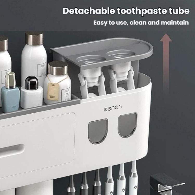 White bathroom toothbrush holder with dual toothpaste dispenser and mouthwash cup slots