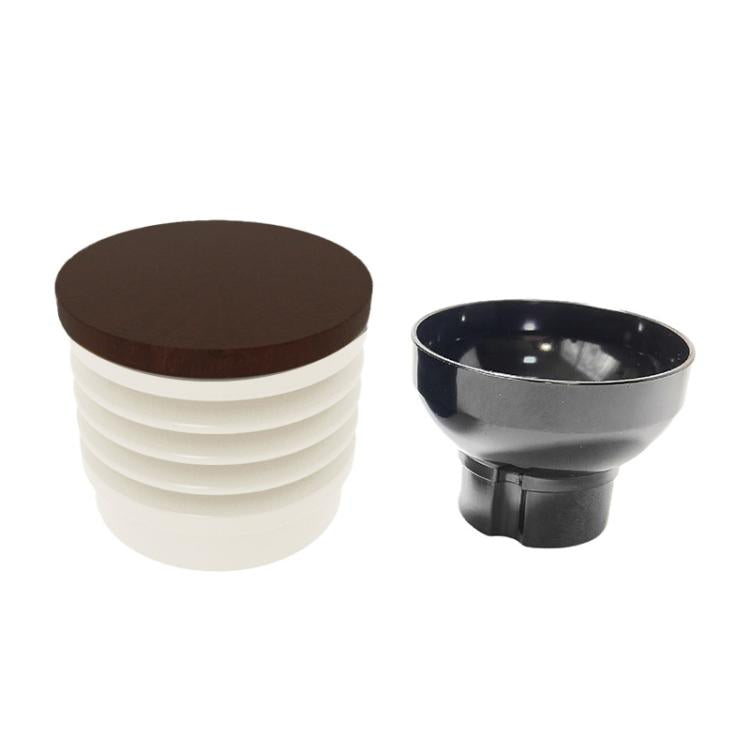 White ribbed bean hopper air blower attachment with dark brown round lid and black outlet cup