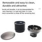 Removable bean hopper air blower parts: black ribbed base, round lid, and outlet cup