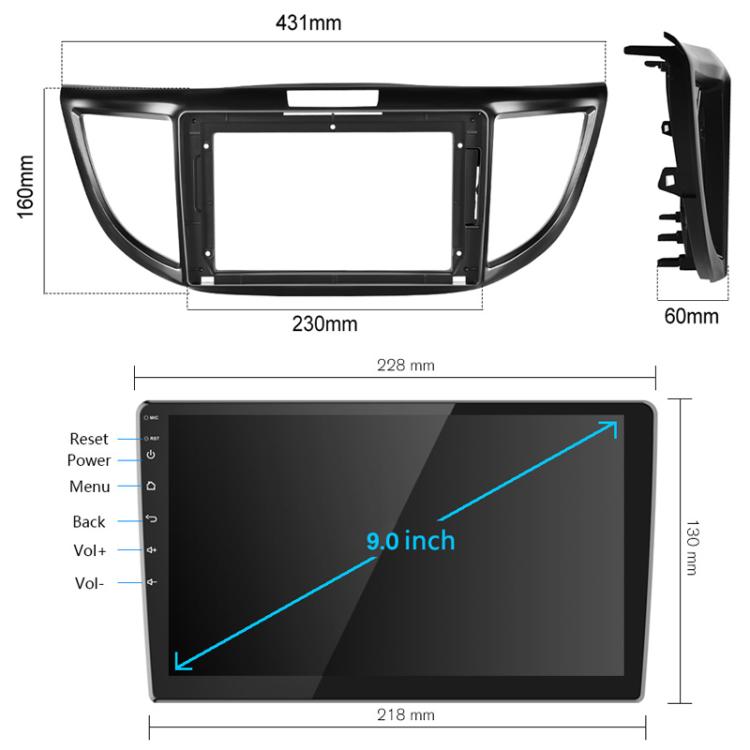 9-inch Android car navigation head unit with 9.0-inch display size diagram