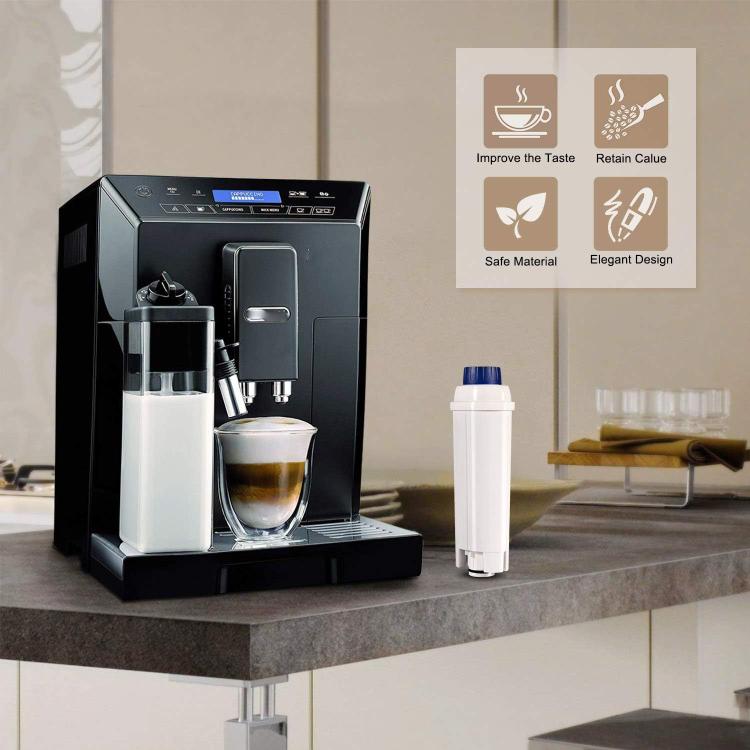 White replacement filter cartridge with blue cap beside coffee machine