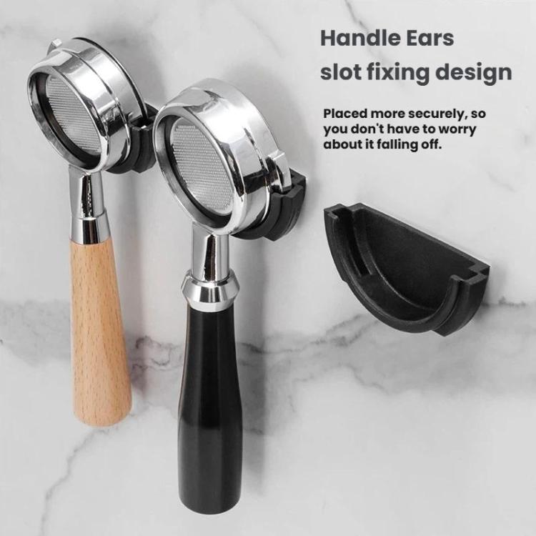 Espresso portafilter handle holders with curved slots, black rack-style mount