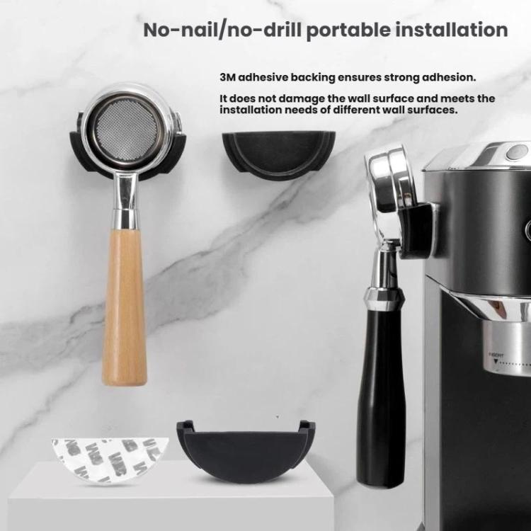 Black espresso portafilter wall mount holder with adhesive backing pieces