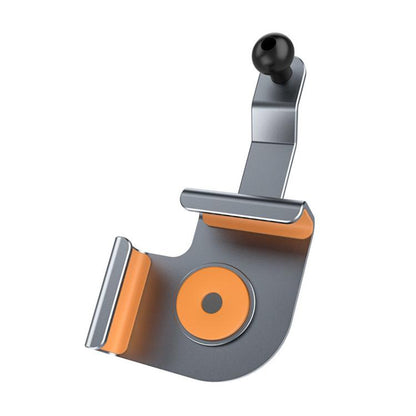 Rotatable car phone holder base with orange circular magnetic pad and gray clamp arms