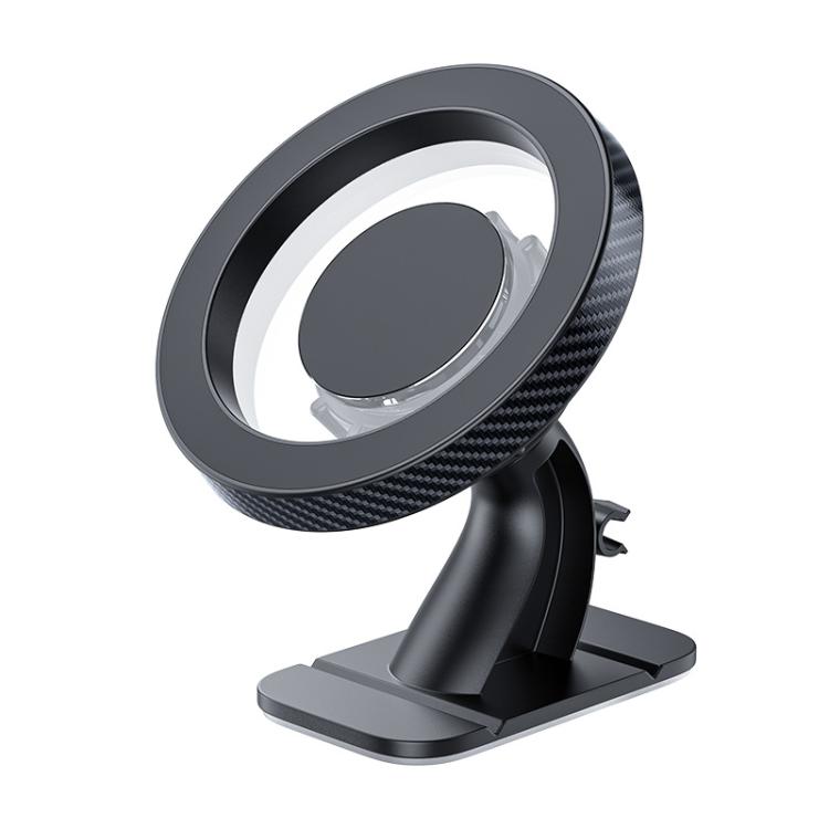 Black magnetic car phone mount with carbon-fiber ring and desktop-style base