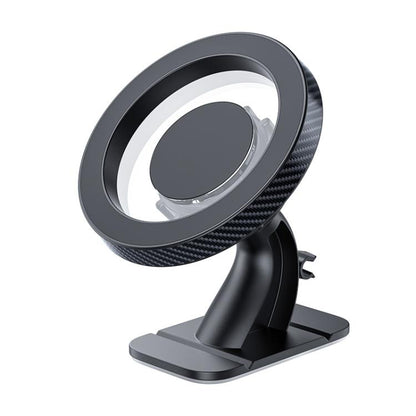 Black magnetic car phone mount with carbon-fiber ring and desktop-style base