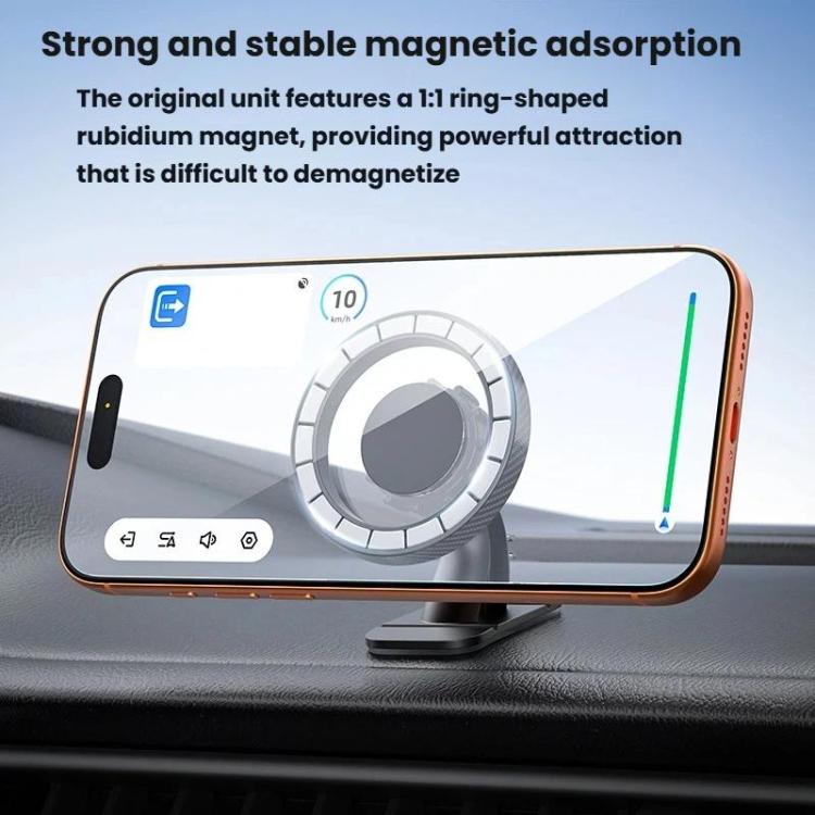 Black magnetic car phone mount with circular ring magnet holding a phone