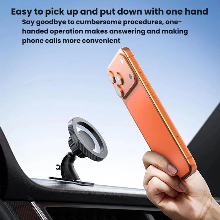 Black magnetic car phone mount with ring magnet and hand-held phone placement