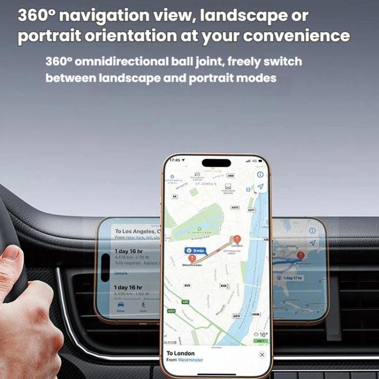 Black magnetic phone mount holding phones on the car dashboard