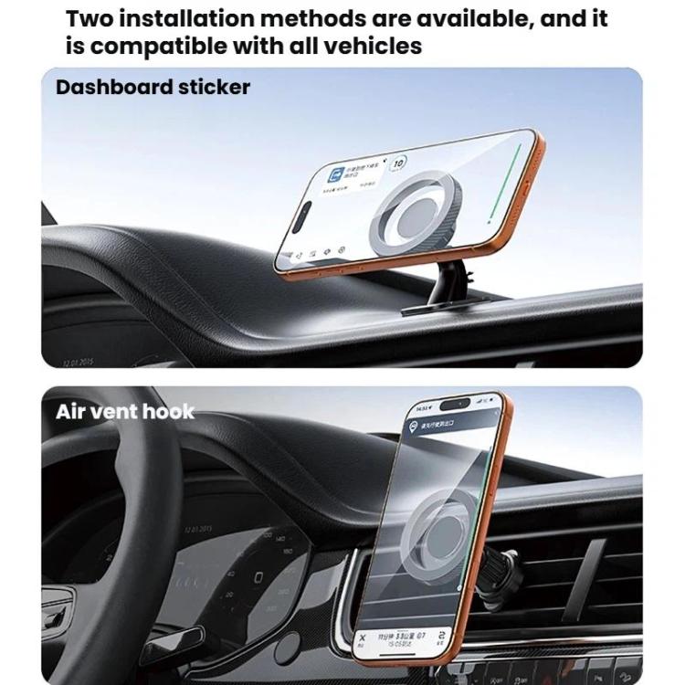 Black magnetic car phone mount with dashboard sticker base and air-vent hook option