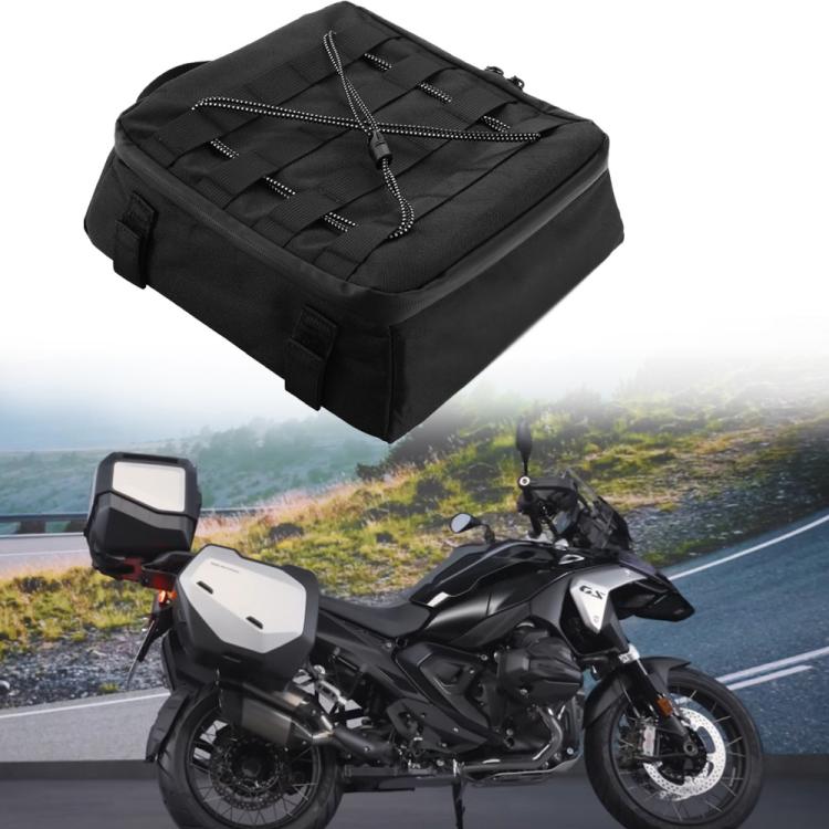 Black waterproof motorcycle top bag with bungee cords and front straps