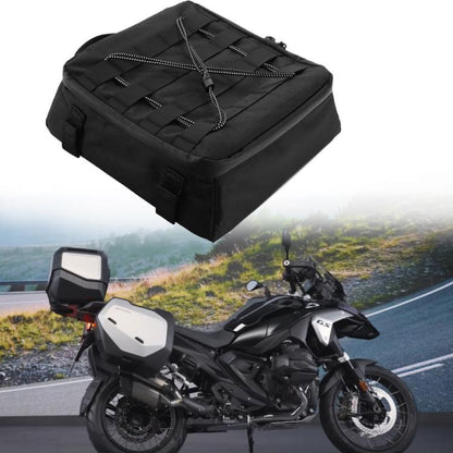Black waterproof motorcycle top bag with bungee cords and front straps
