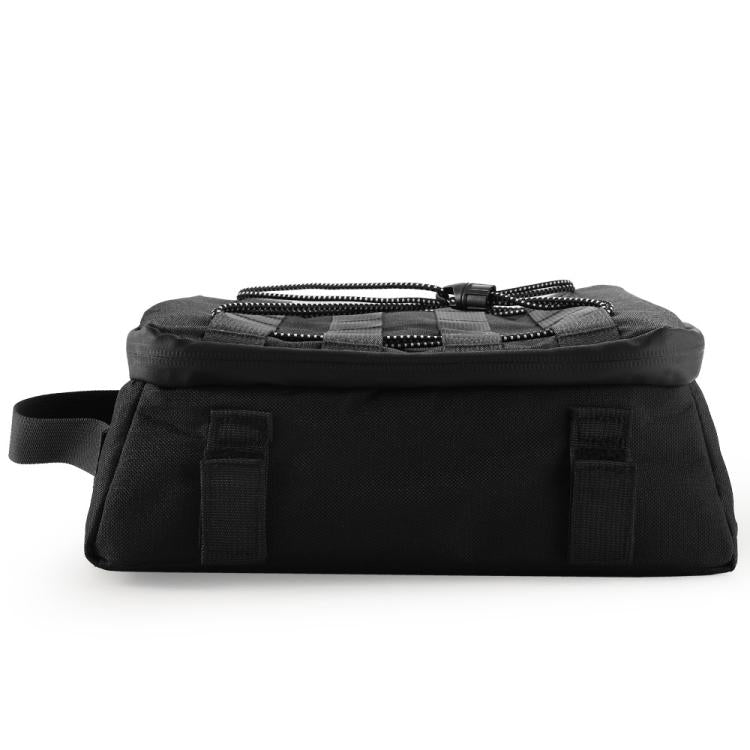 Black waterproof motorcycle top bag with front zipper and strap details