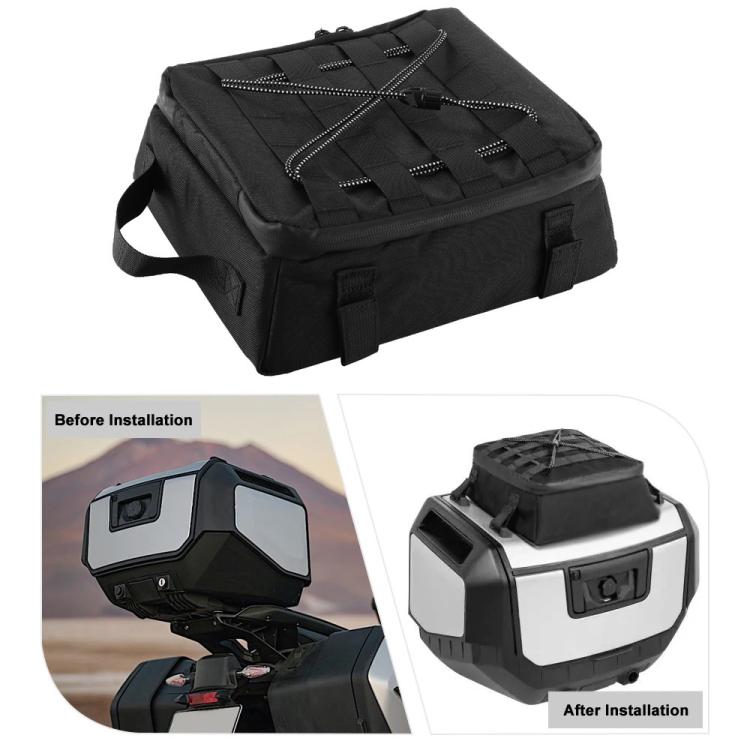 Black waterproof top bag mounted on motorcycle luggage rack with bungee cords
