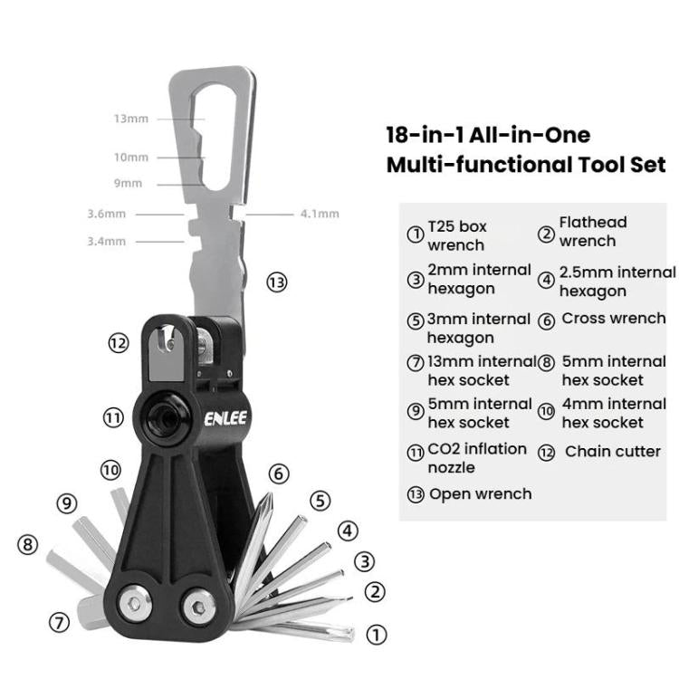 Black 18-in-1 bike multi-functional tool set with folding frame and wrench bits