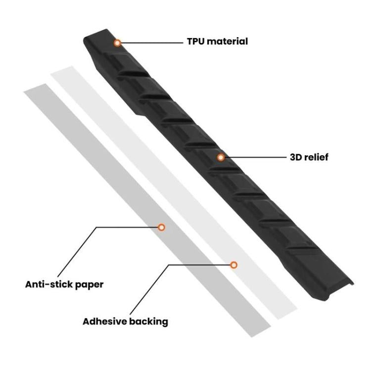 Black anti-scratch bike chain strip diagram showing 3D relief and adhesive backing