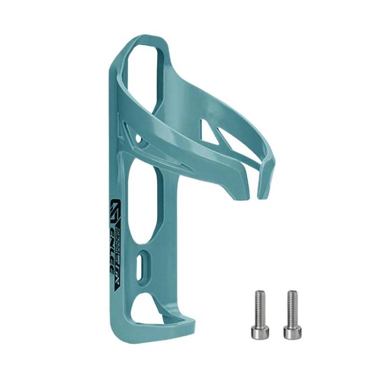 Teal plastic bike water bottle cage with open side and mounting screw holes