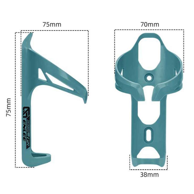Teal bike water bottle cage with size measurement layout for fit on road bikes