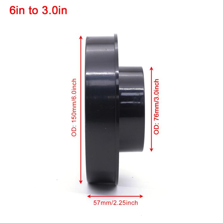 Black intake reducer adapter with stepped hose connection collar, size markings shown