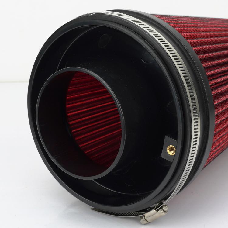 Black intake reducer adapter with round mouth and visible red cone filter insert