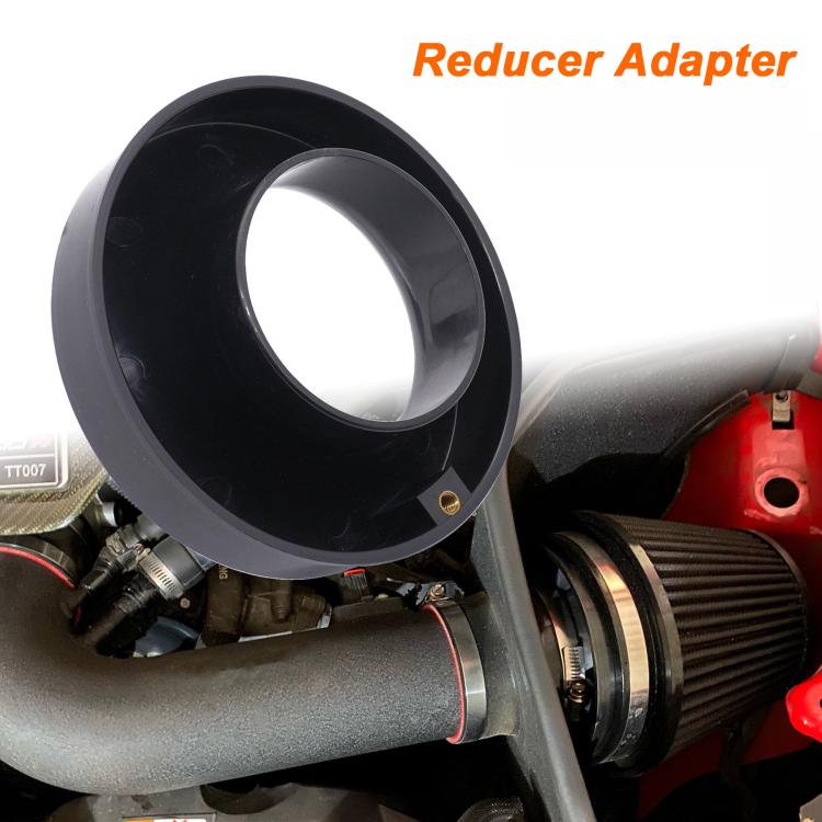 Intake reducer adapter installed on intake pipe with red cone air filter