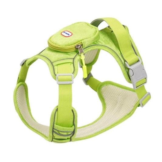 Pet anti-escape harness vest with backpack pouch, green, padded straps and buckles