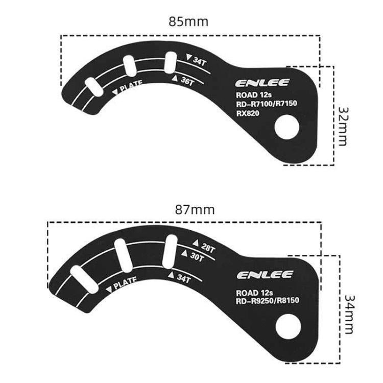 Black adjustment gauge plate with dimensions 85 mm and 87 mm, marked teeth positions