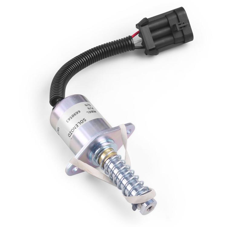 Silver shutdown solenoid with spring plunger and black connector cable