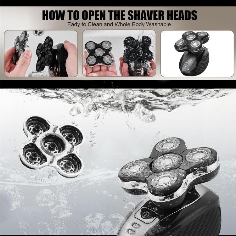 Replacement shaver heads kit shown rinsing in water, with cleaning and access inserts