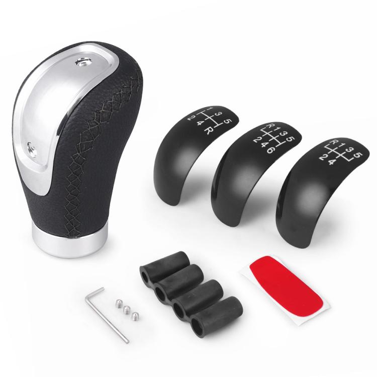 PU automotive shift knob with black stitched grip and silver metal base, 3-position dial