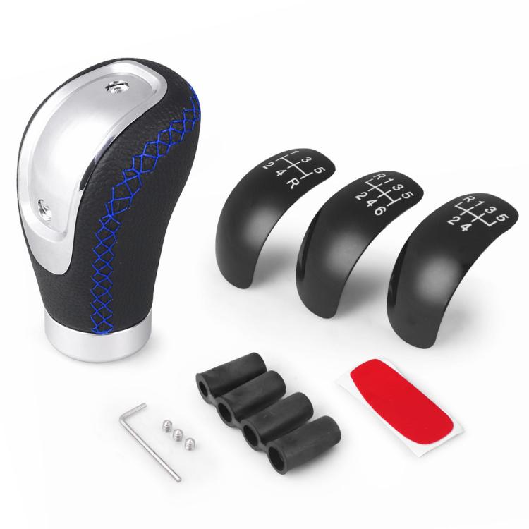 PU automotive shift knob with blue stitched grip and silver metal base, 3-position dial