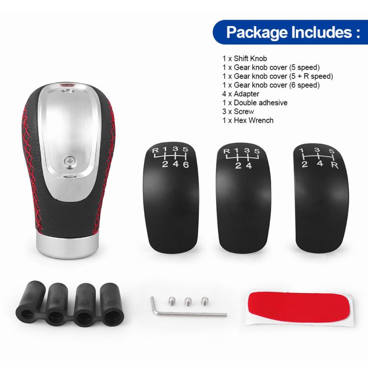 Automotive shift knob kit with knob, gear covers, black caps, screws, and red accessory cover