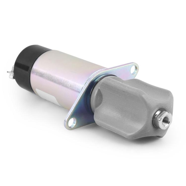 12V solenoid valve with silver body, black rubber end, and gray mounting plug