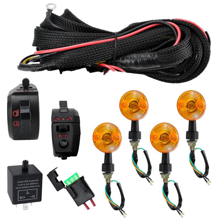 Motorcycle wiring harness relay kit with four amber turn signal bulbs and switch controls