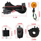Motorcycle turn signal switch and four amber lights with wiring harness, shown with dimensions